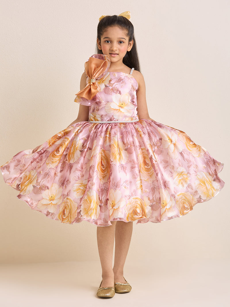 Girls Pink Peach Floral Organza Party Dress with Big Bow & Flare