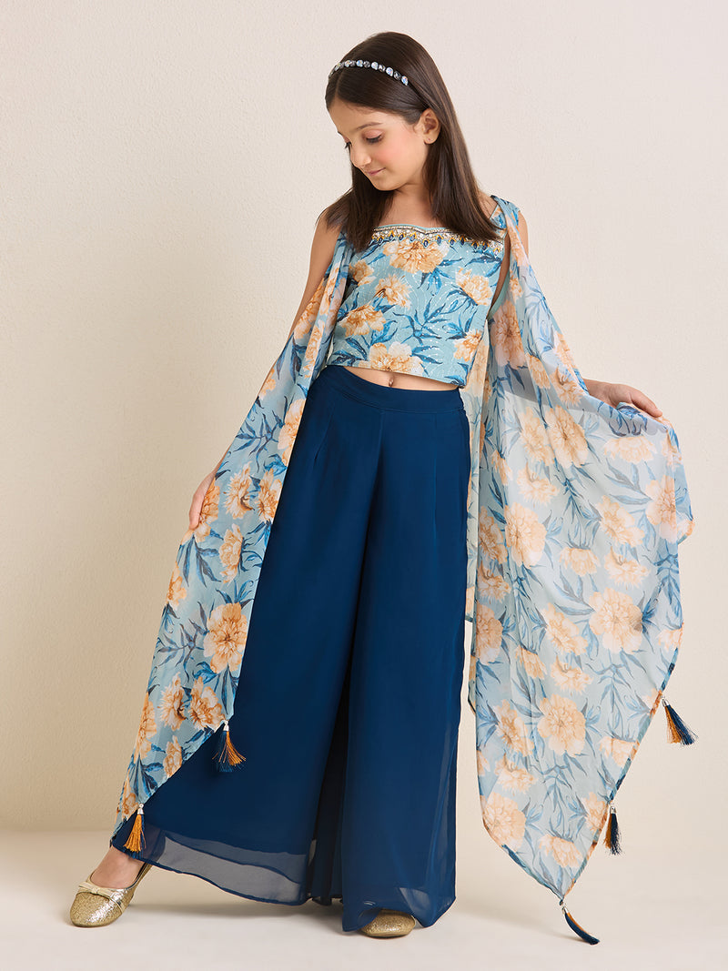 Girls Floral Blue Ethnic Pallazo Pants & Crop Top Set with Cape Kaftan Jacket (3pc Set)