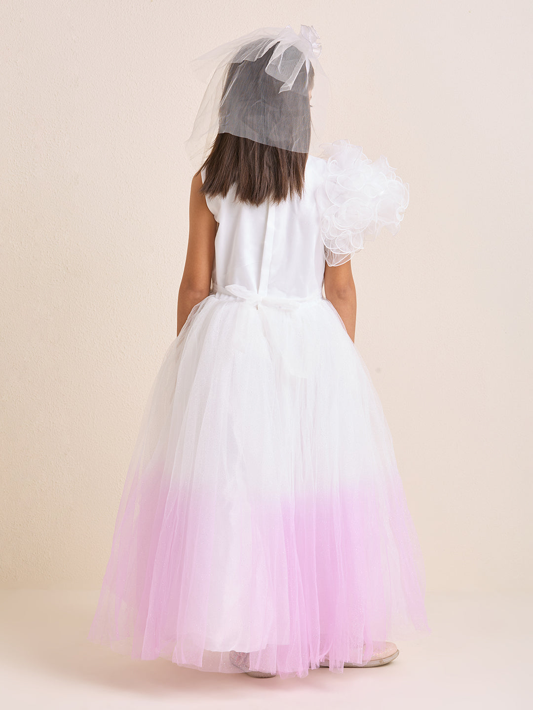 Girls White Pink Party Dress Puffed One Shoulder Shaded Princess Gown with Hand Embroidery