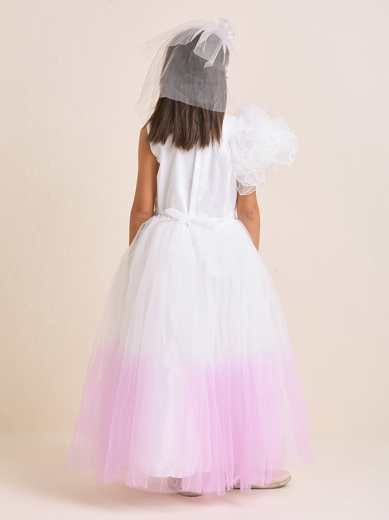 Girls White Pink Party Dress Puffed One Shoulder Shaded Princess Gown with Hand Embroidery