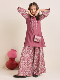 Girls Purple  Mauve Ethnic Kurta & Palazzo Set with Embroidery and Matching Purse