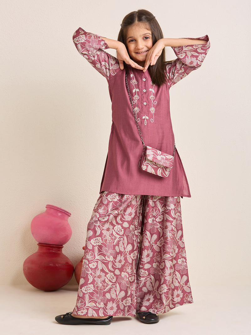 Girls Purple  Mauve Ethnic Kurta & Palazzo Set with Embroidery and Matching Purse