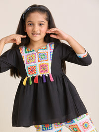 Girls Black Printed Kurta with Floral Printed White Pants Set (2pc Set)