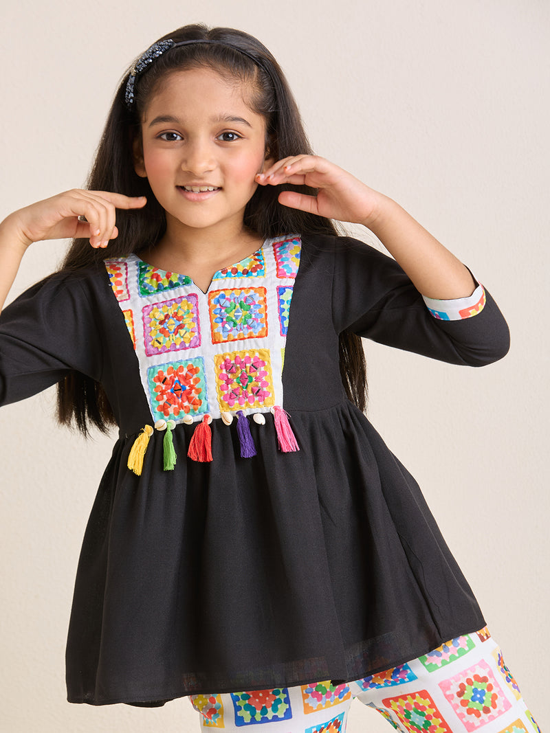 Girls Black Printed Kurta with Floral Printed White Pants Set (2pc Set)