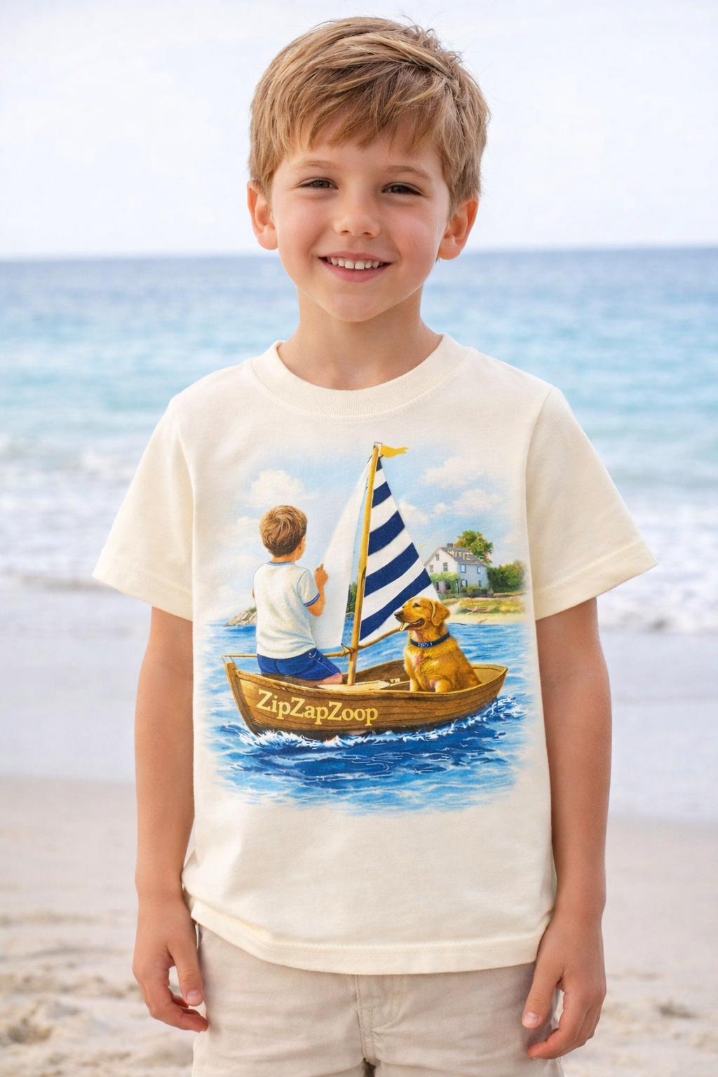 Kids White Graphic T-Shirt with Sailboat Boy & Dog Print