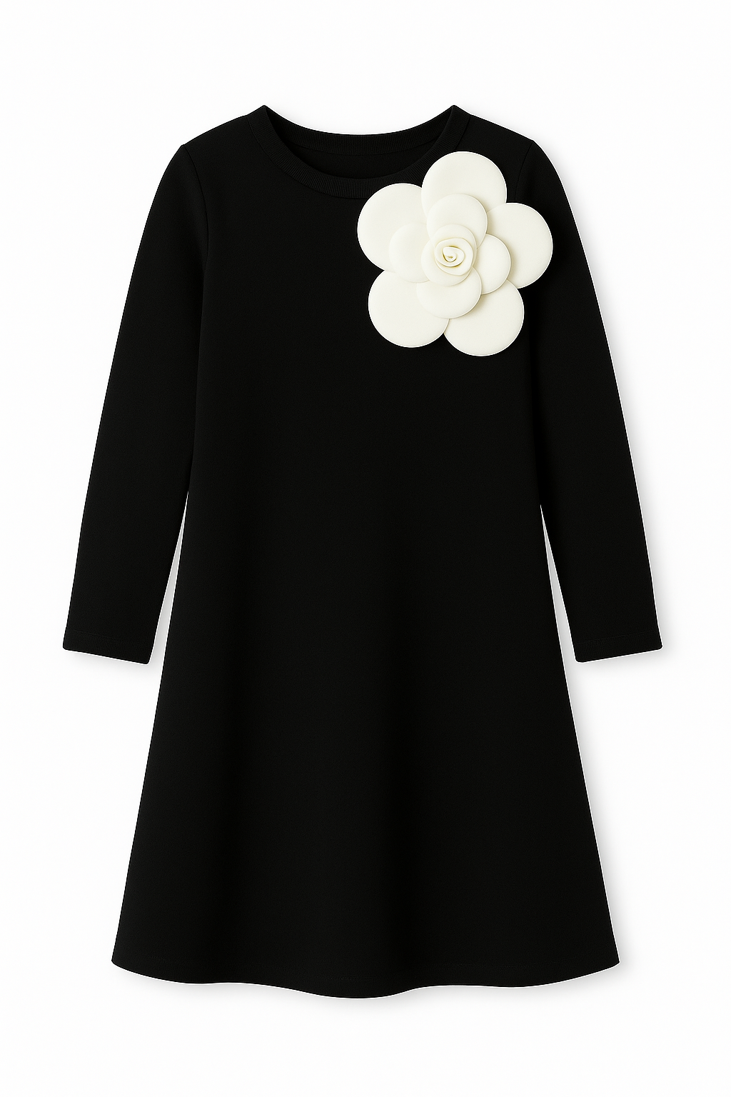 Black Full Sleeves Dress With Big White Accent Flower