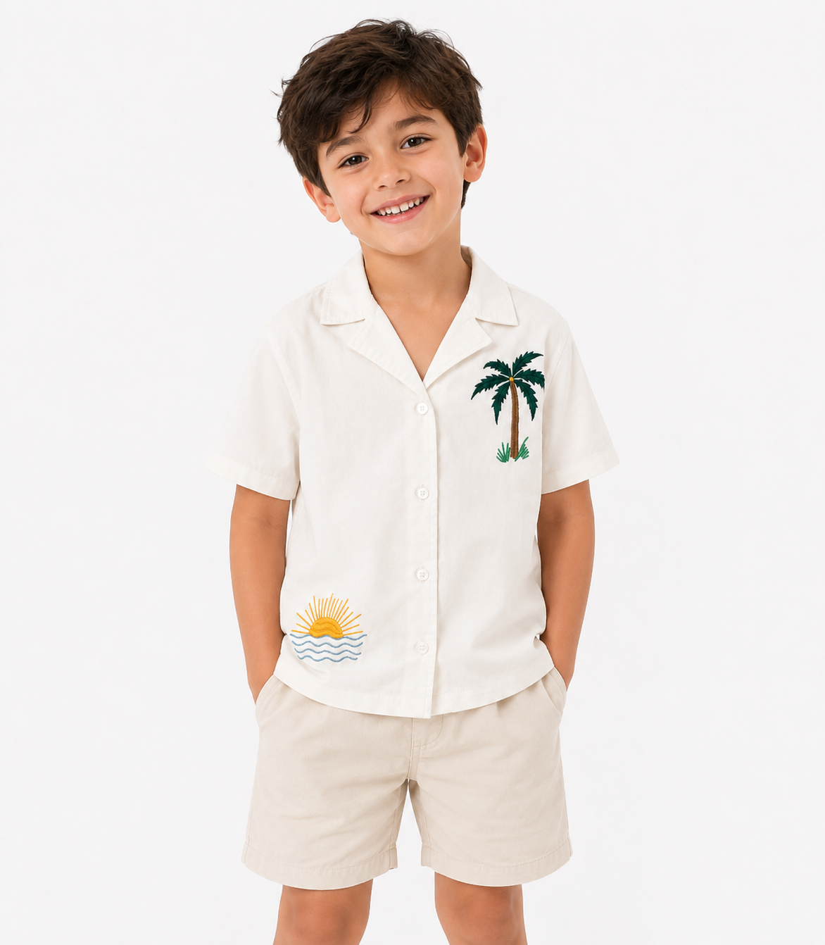 BOYS SEASIDE  SHIRT WITH PALM TREE AND SUN EMBROIDERY
