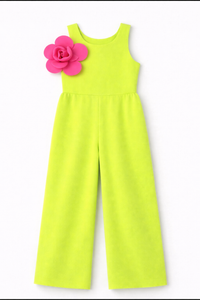 Neon Lime Statement Jumpsuit with Pink Flower Accent