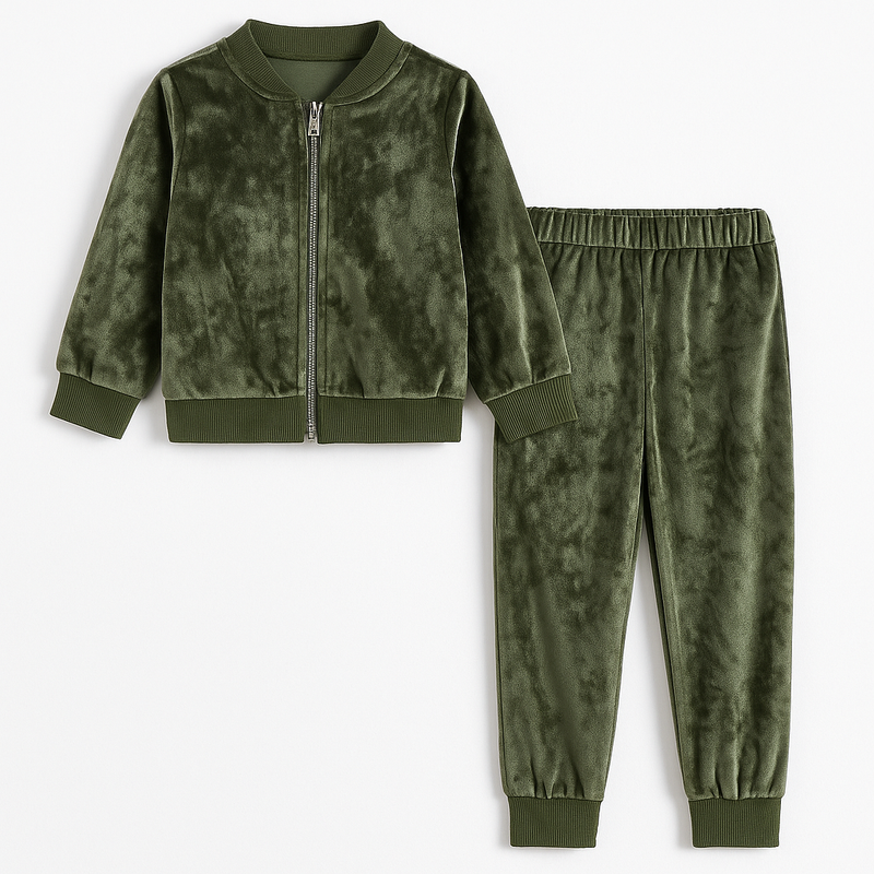 Girls Velvet Green Jacket and Pant with Ribbed Borders