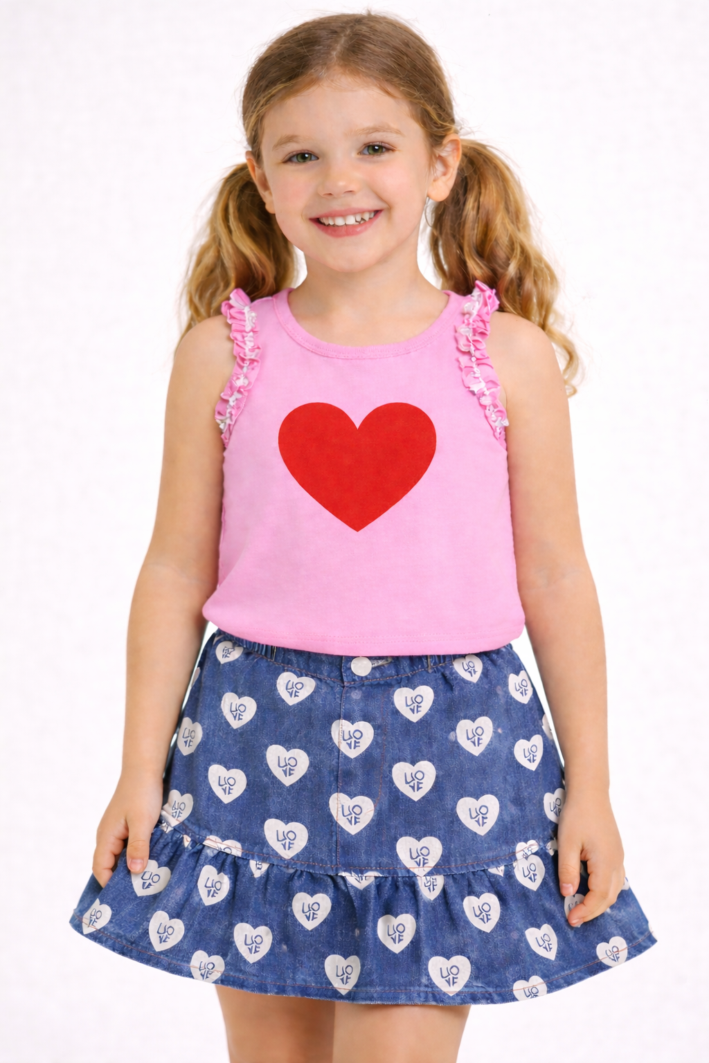 GIRLS PINK SLEEVELESS T-SHIRT WITH RED HEART