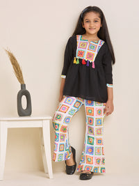 Girls Black Printed Kurta with Floral Printed White Pants Set (2pc Set)