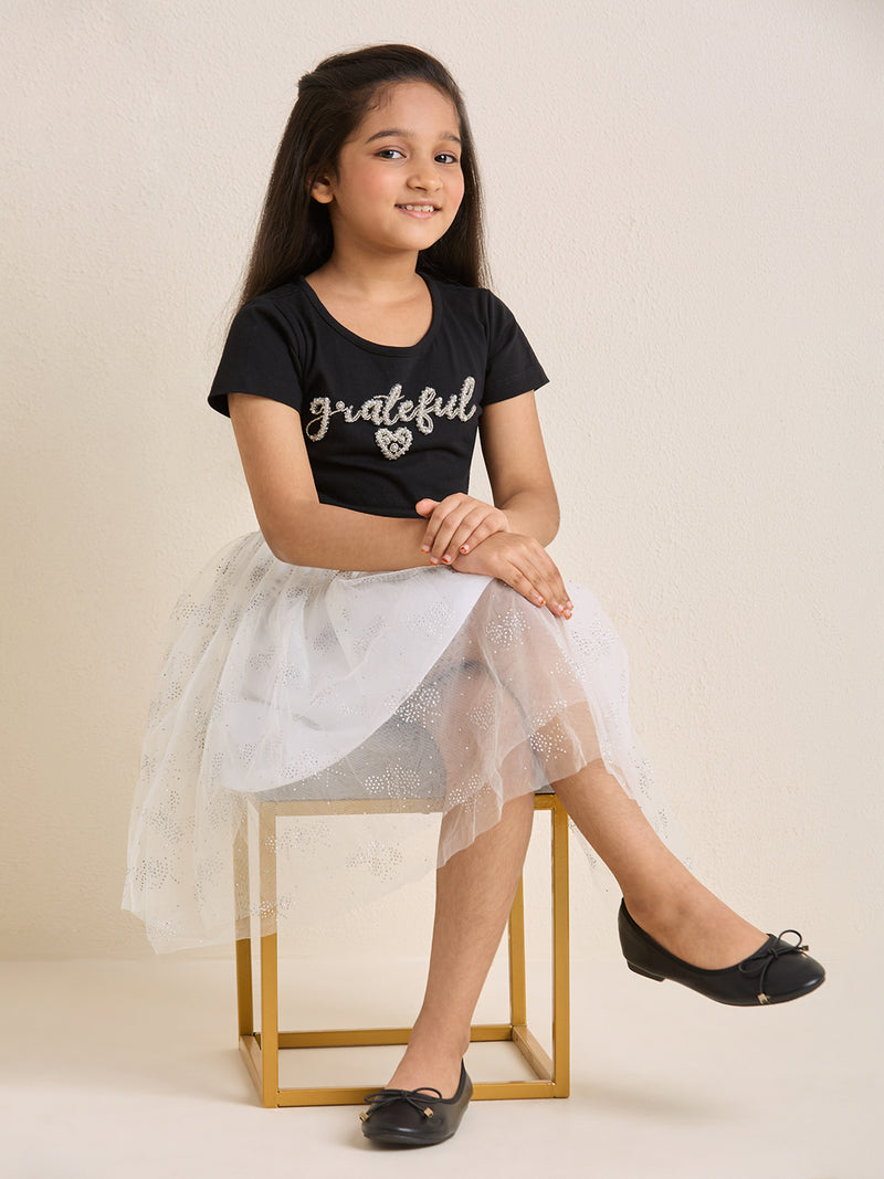 ZIP ZAP ZOOP Girls Dress Black & White "Grateful" Pearl Embroidery Half Sleeve Dress
