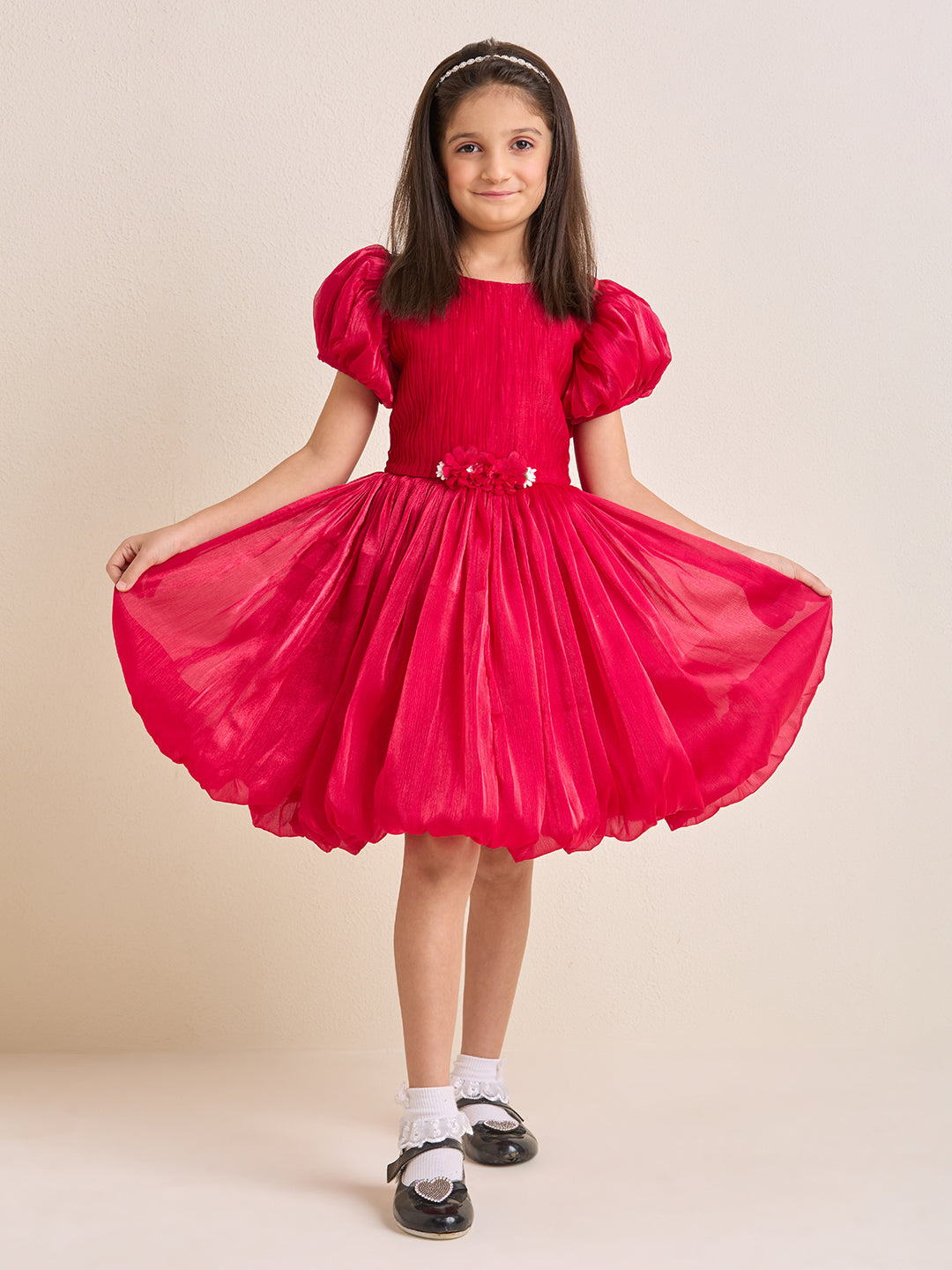Girls Red Puff-Sleeve Flare Dress with Floral Waist Detail | Party & Occasion Wear