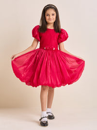 Girls Red Puff-Sleeve Flare Dress with Floral Waist Detail | Party & Occasion Wear