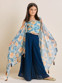 Girls Floral Blue Ethnic Pallazo Pants & Crop Top Set with Cape Kaftan Jacket (3pc Set)