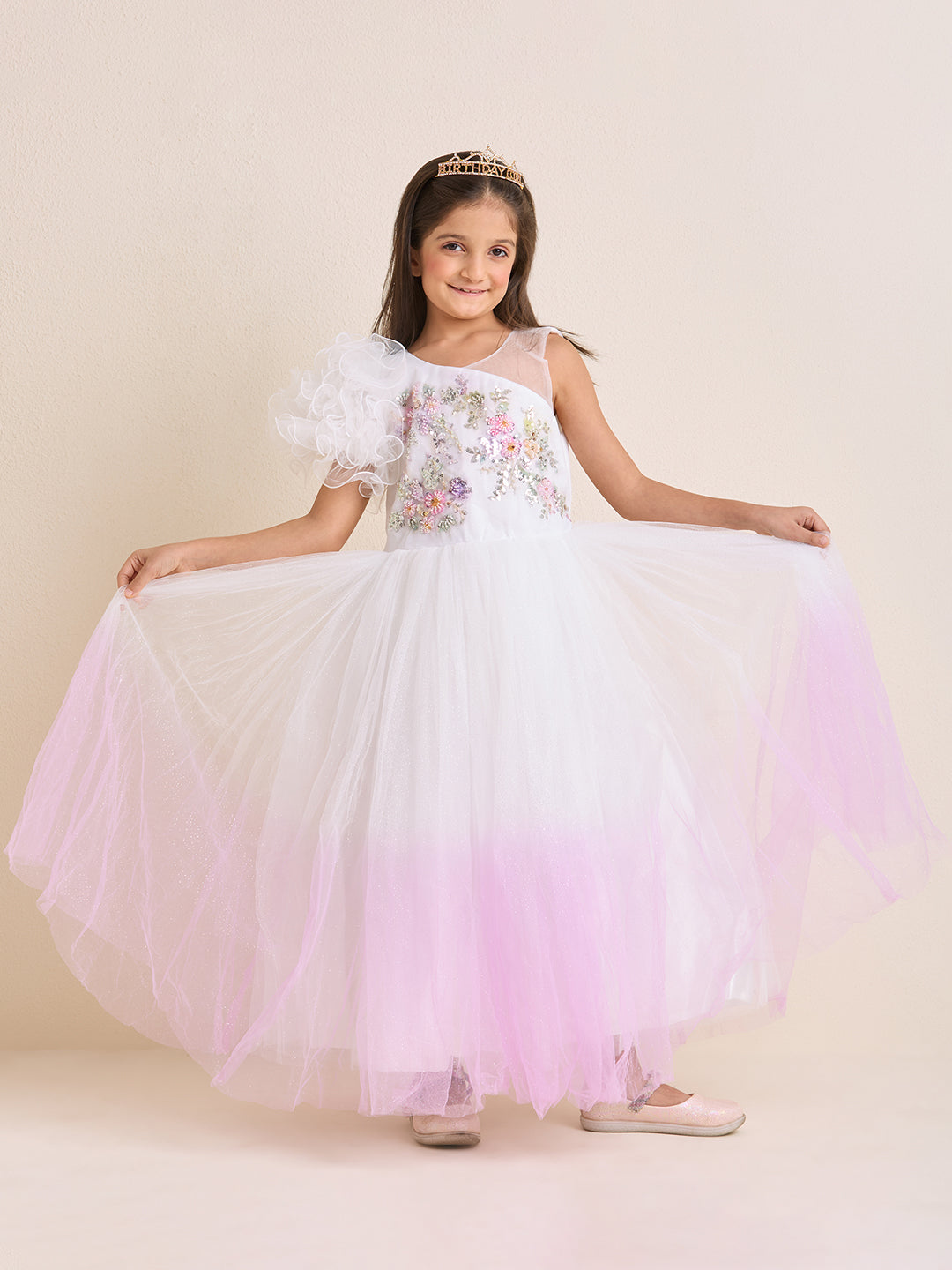 Girls White Pink Party Dress Puffed One Shoulder Shaded Princess Gown with Hand Embroidery