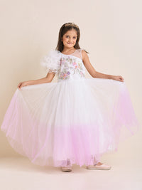 Girls White Pink Party Dress Puffed One Shoulder Shaded Princess Gown with Hand Embroidery