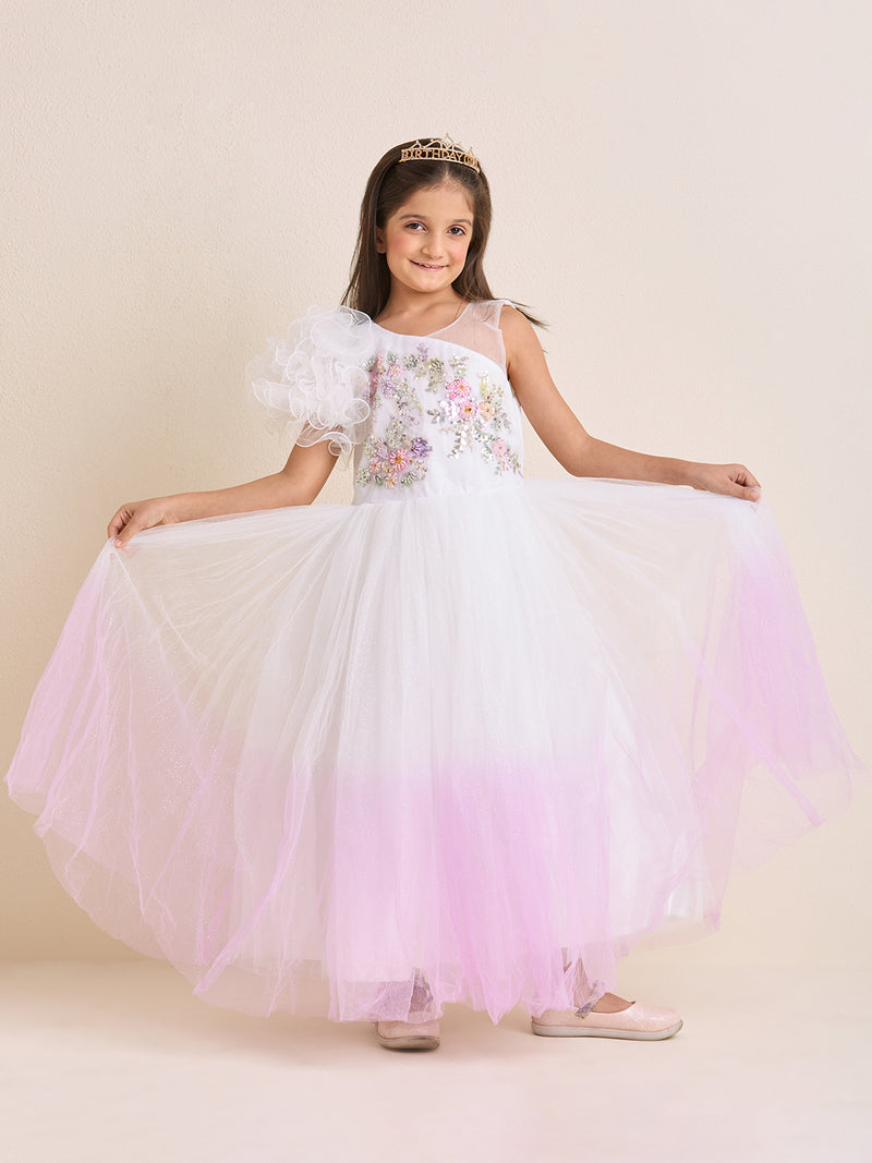 Girls White Pink Party Dress Puffed One Shoulder Shaded Princess Gown with Hand Embroidery