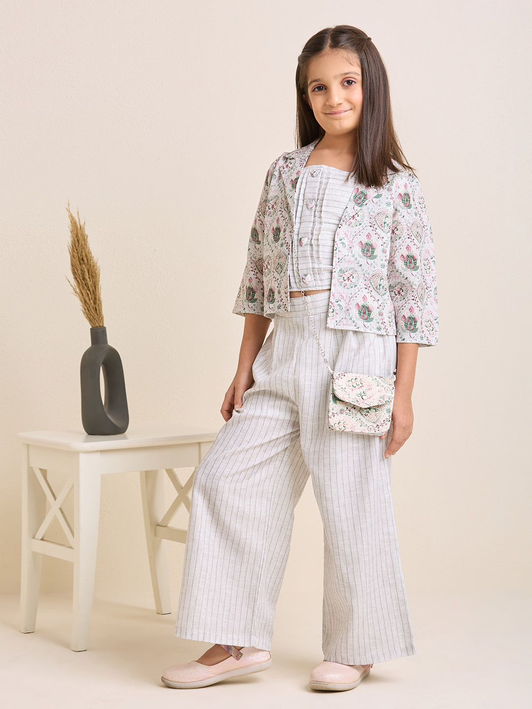 Girls Off White Floral Jacket with Crop & Pants Set Ethnic with Matching Purse (4pc Set)