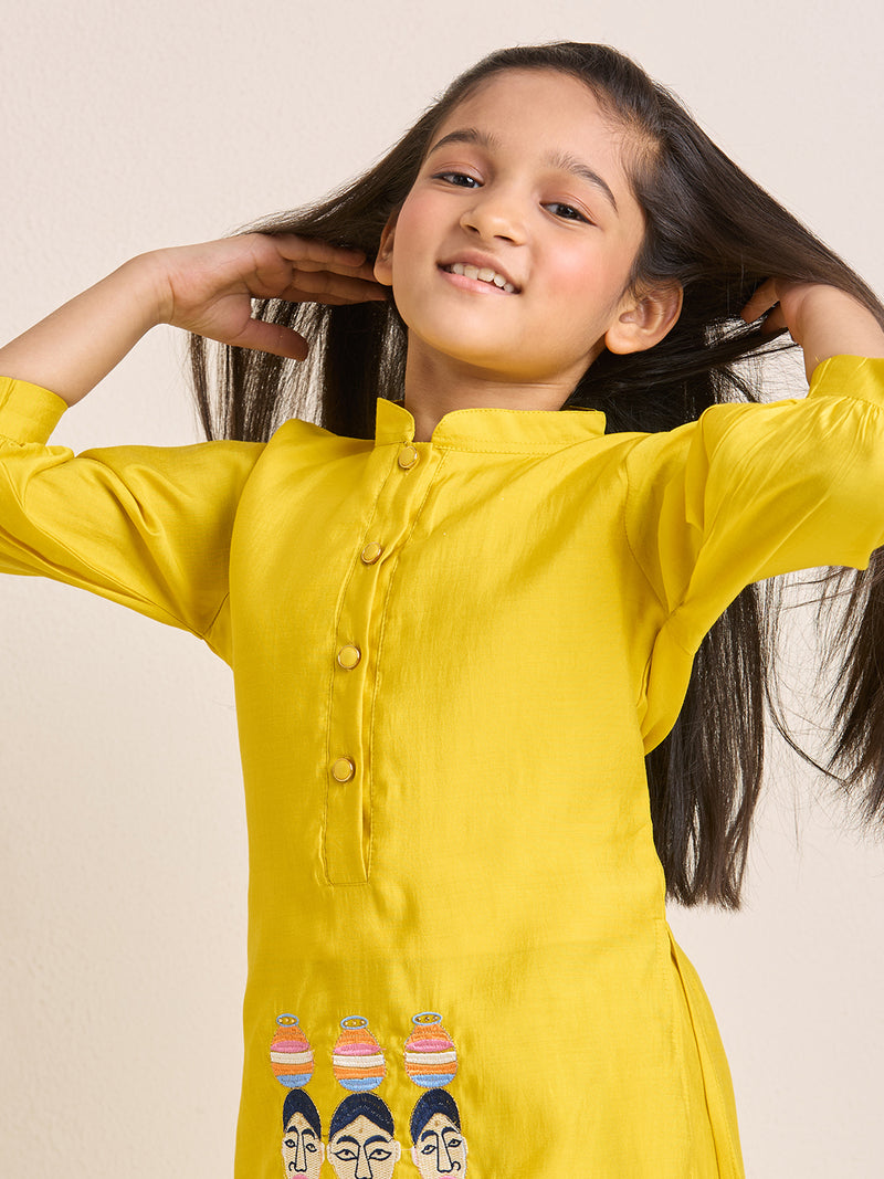 Girls Yellow Kurta Set with Balloon Salwar Pants & Girls Matki Motif Embroidery (2pc Set)