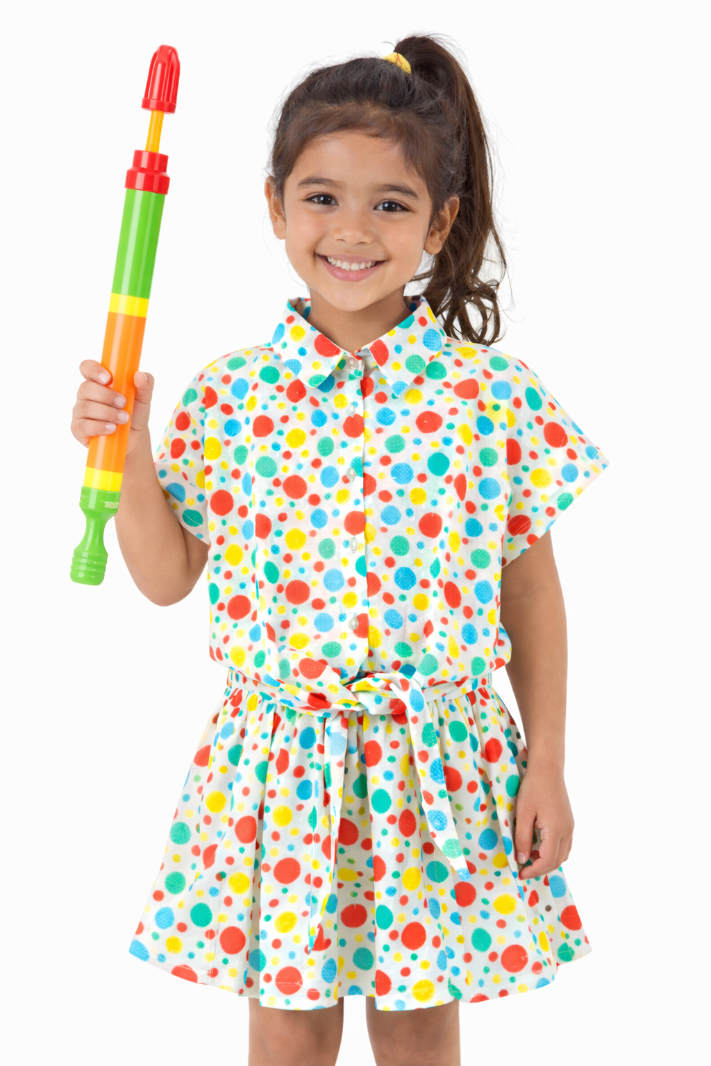 GIRLS BIG COLOURFUL DOT PRINTED TIE TOP & SKIRT CO-ORD SET