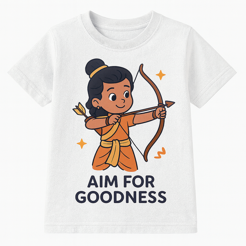 Kids Dusherra Tshirt Aim For Goodness With Lord Ram Print -White