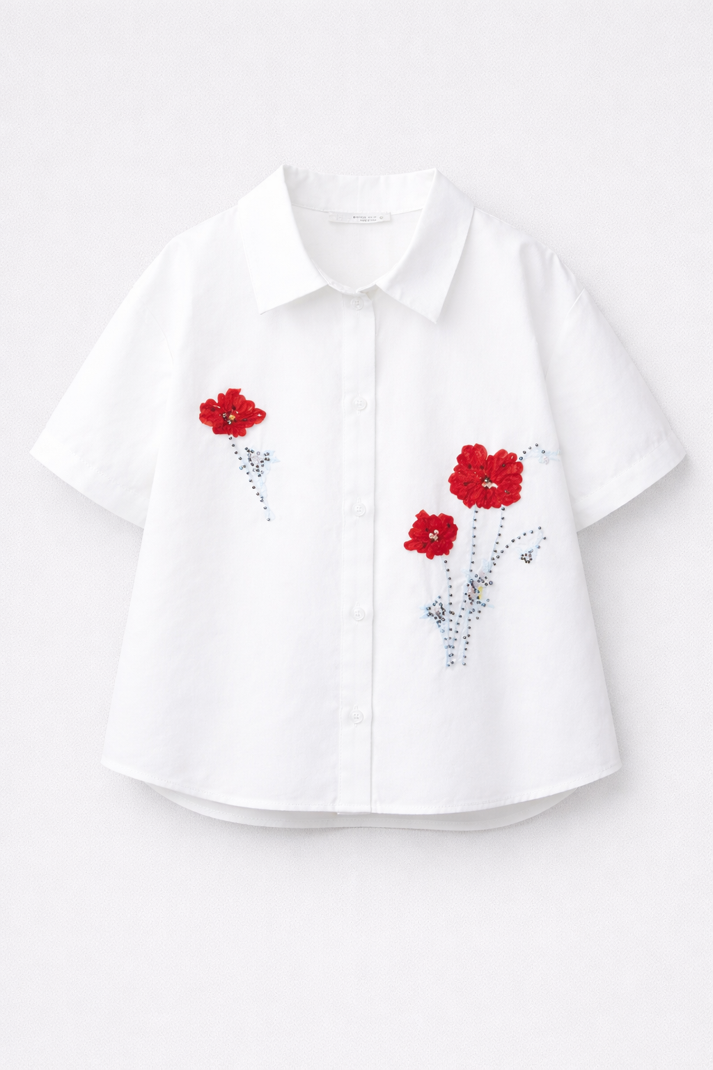 Girls White Cotton Shirt – Half Sleeve Button Down with Red Flower Embroidery