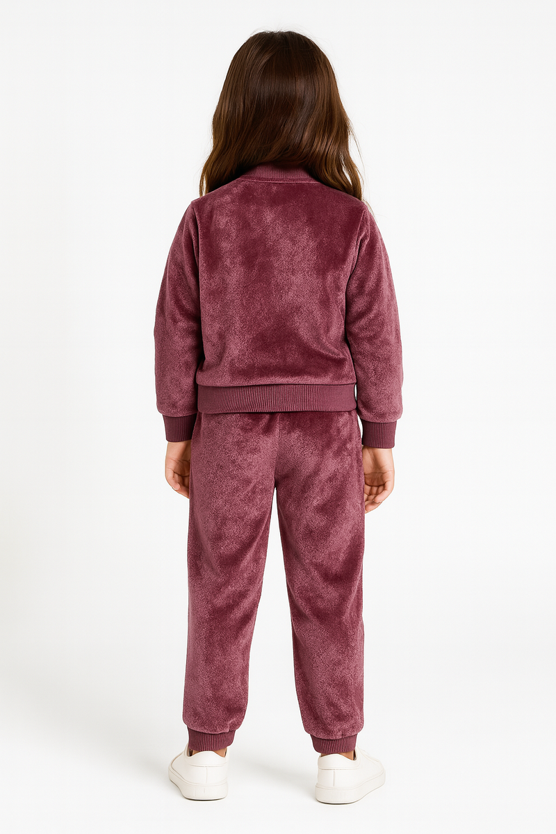 Girls Velvet Pink Jacket and Pant with Ribbed Borders