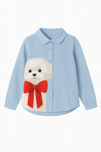 Girls Cute Dog With A Bow Print Light Blue Shirt