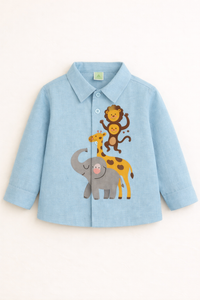 Light Blue Cotton New 4 Animal-Monkey Lion Giraffe Elephant Printed Boys Shirt