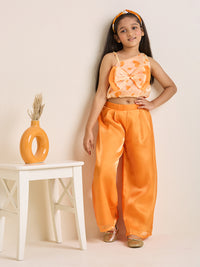 Girls Orange One Shoulder Crop Top & Pants Set with Big Bow Heart Print (2pc Set)