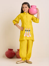 Girls Yellow Kurta Set with Balloon Salwar Pants & Girls Matki Motif Embroidery (2pc Set)