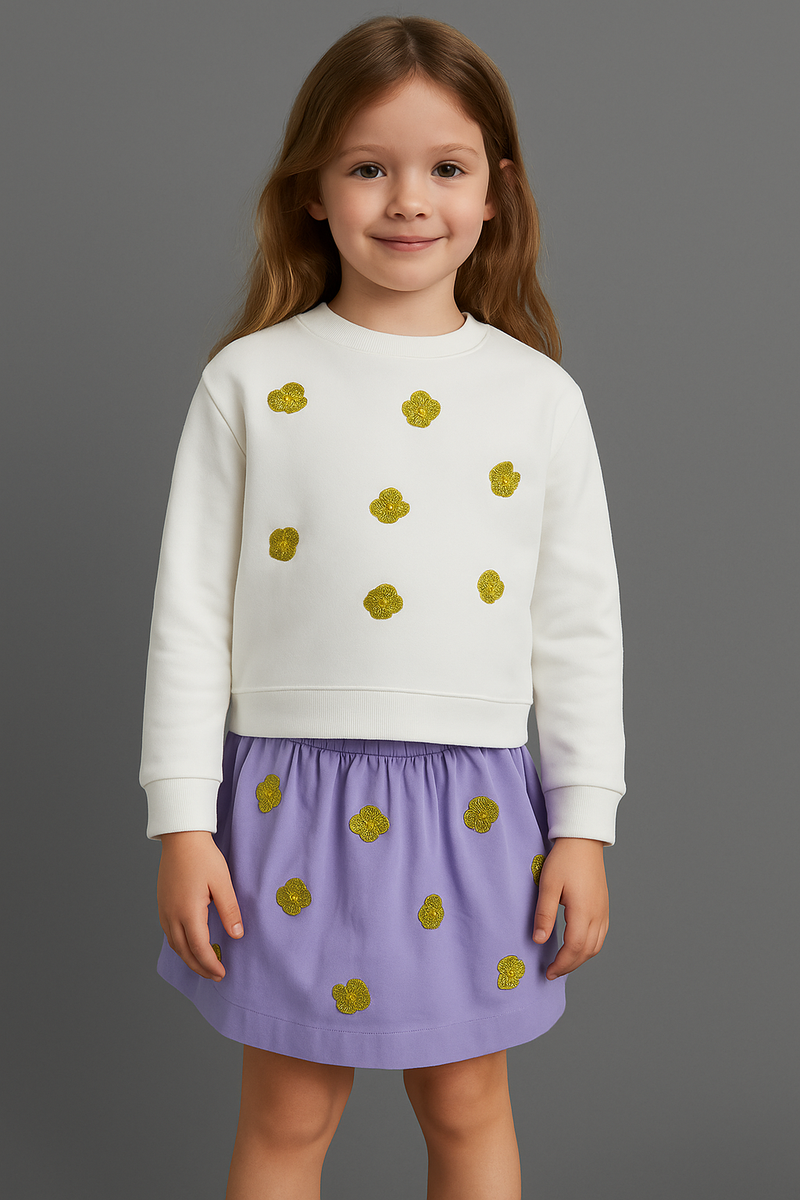 Lilac Flared Cotton Embellished Sequinned Flower Skirt