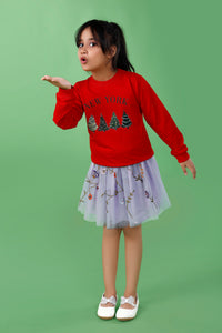 New York Red Sweatshirt with Lilac Embroidery Tulle Skirt