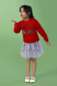 Red Christmas Tree Print Cotton Sweatshirt& Lilac Flower Embroidered Net Skirt Co-Ord Set for Girls