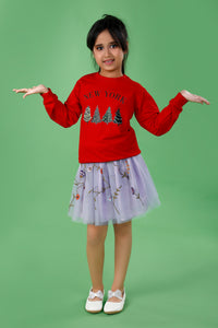New York Red Sweatshirt with Lilac Embroidery Tulle Skirt