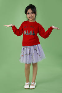 Red Christmas Tree Print Cotton Sweatshirt& Lilac Flower Embroidered Net Skirt Co-Ord Set for Girls