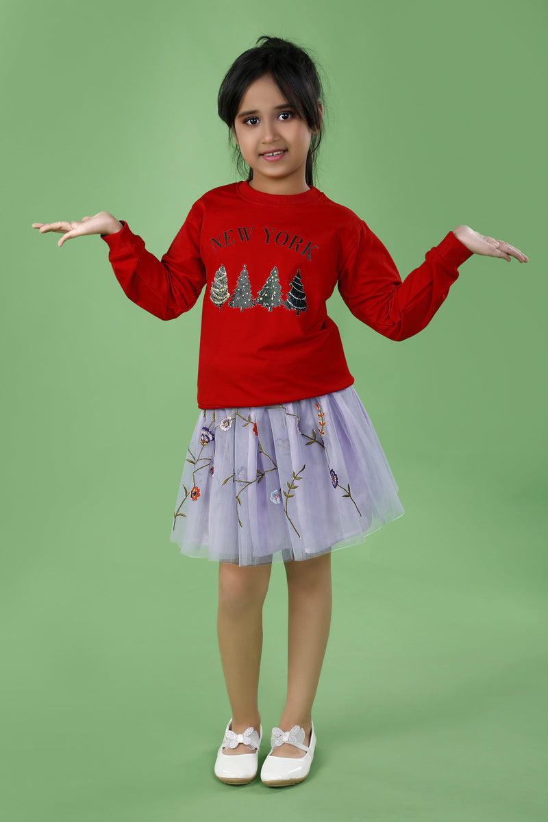 Red Christmas Tree Print Cotton Sweatshirt& Lilac Flower Embroidered Net Skirt Co-Ord Set for Girls