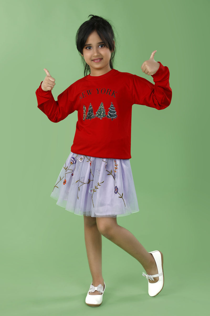 Red Christmas Tree Print Cotton Sweatshirt& Lilac Flower Embroidered Net Skirt Co-Ord Set for Girls