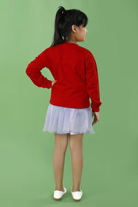 Red Christmas Tree Print Cotton Sweatshirt& Lilac Flower Embroidered Net Skirt Co-Ord Set for Girls