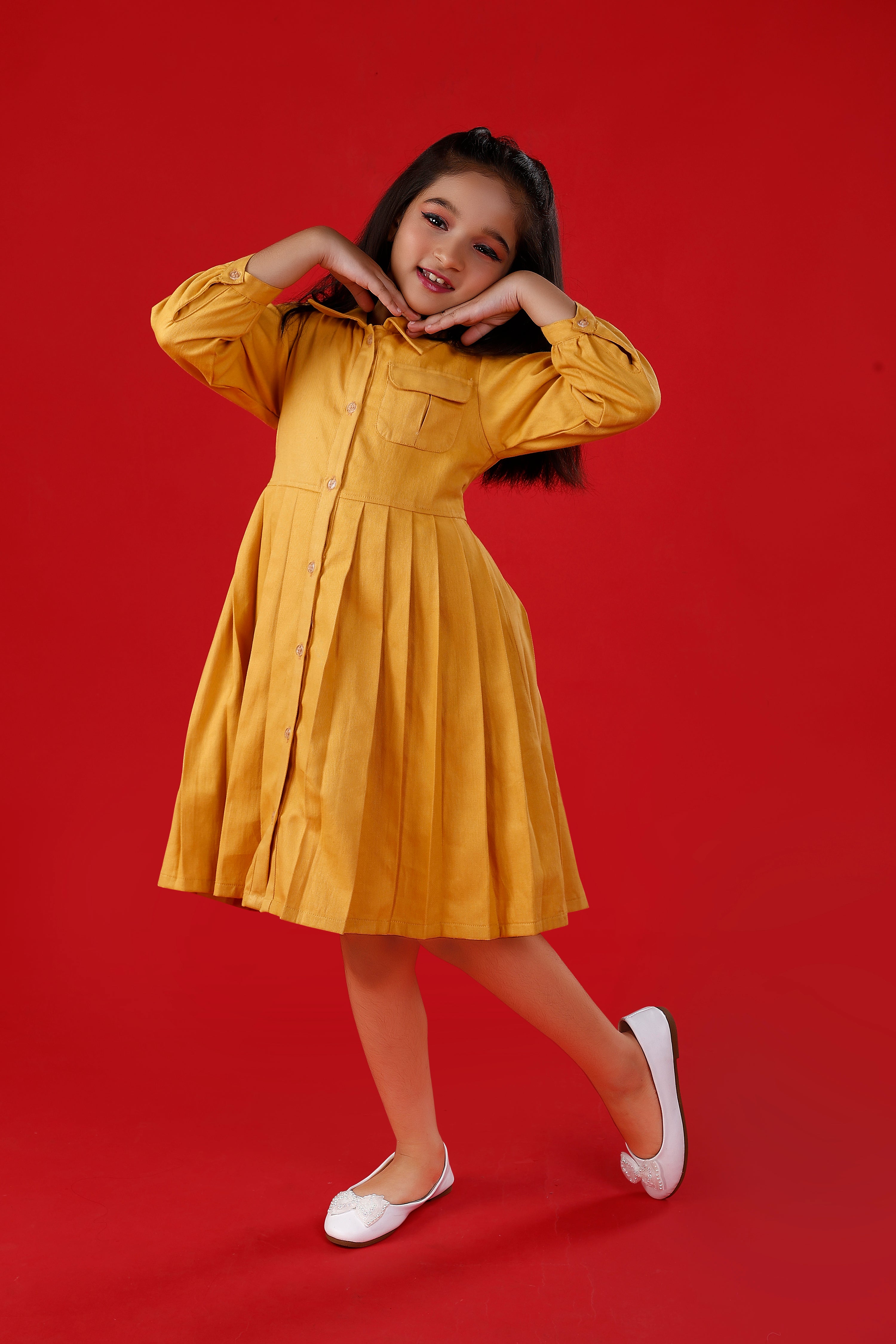 Mustard Yellow Cotton Shirt Dress with Belt ZipZapZoop