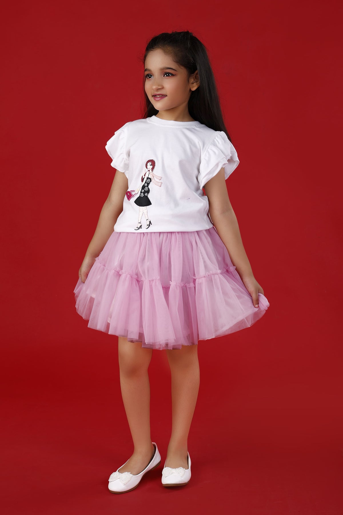 White Embellished Girl with Bag T-Shirt & Pink Net Skirt Co-Ord Set for Girls