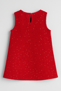 Girls Festive Red Tweed Sequin Dress with Black Bow Detail