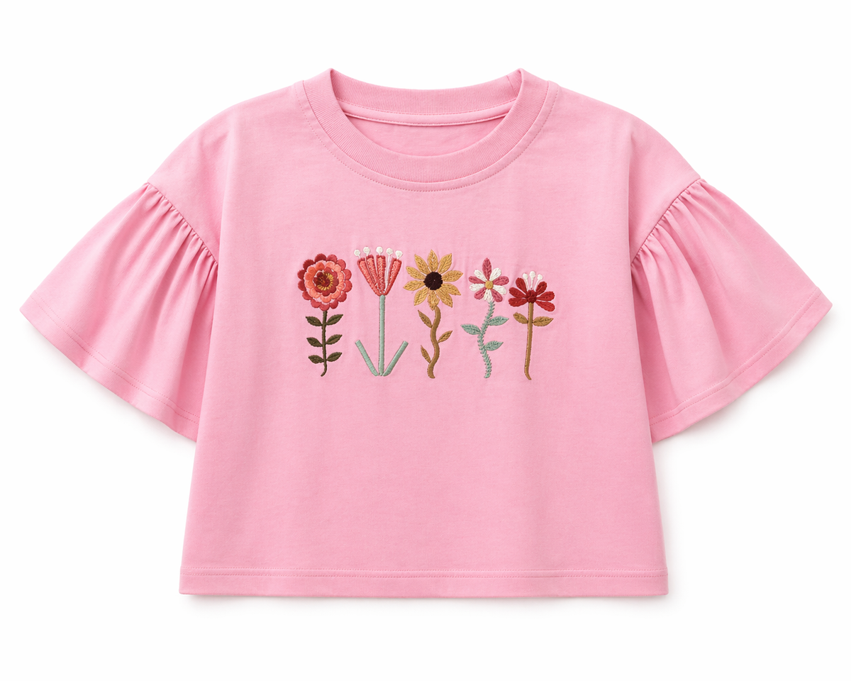 GIRLS PINK T-SHIRT WITH HAND EMBROIDERY FLOWERS WITH FLUTTER TEE