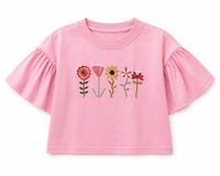 GIRLS PINK T-SHIRT WITH HAND EMBROIDERY FLOWERS WITH FLUTTER TEE