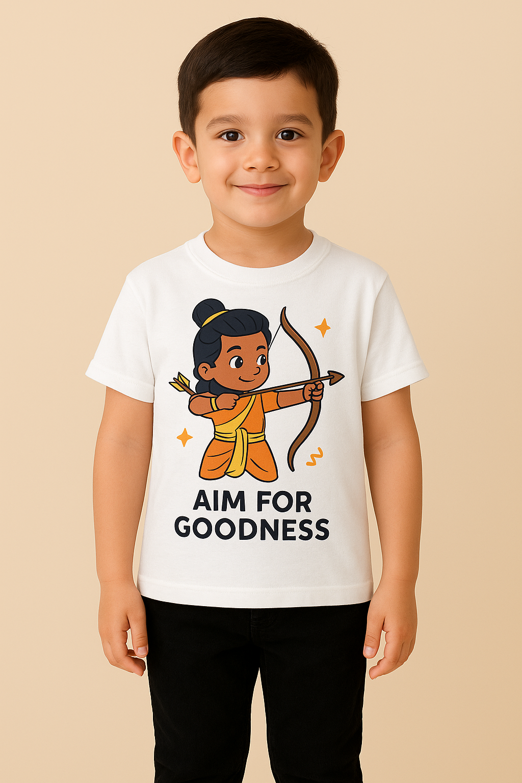 Kids Dusherra Tshirt Aim For Goodness With Lord Ram Print -White