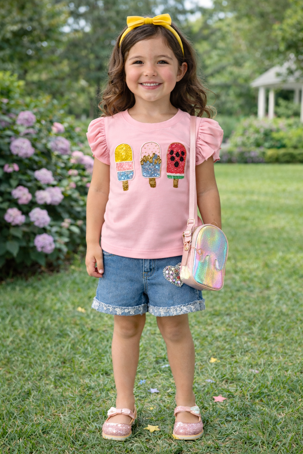 PINK ICE-CREAM POPSICLE EMBROIDERY T-SHIRT WITH FLUTTER SLEEVES FOR GIRLS
