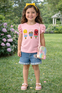 PINK ICE-CREAM POPSICLE EMBROIDERY T-SHIRT WITH FLUTTER SLEEVES FOR GIRLS