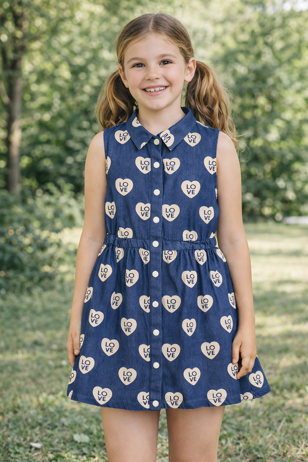 GIRLS PREMIUM LIGHT DENIM SLEEVELESS HEART DRESS