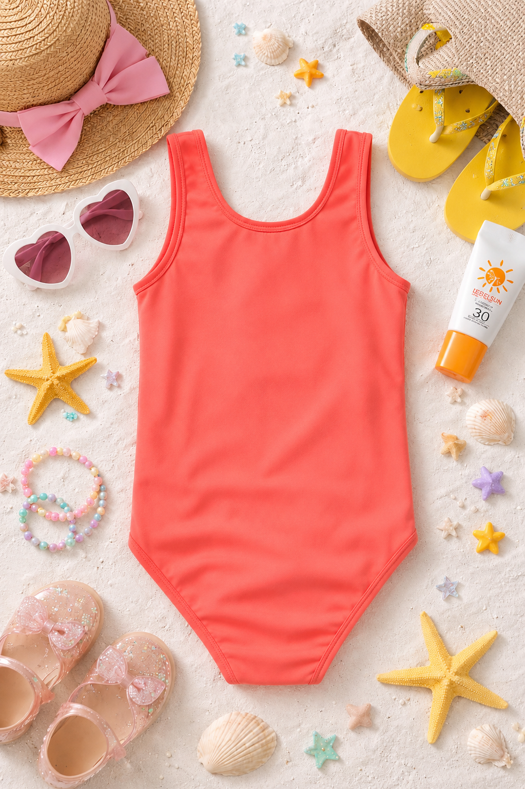 GIRLS CORAL PINK SWIMSUIT WITH SHELLFISH & ICE CREAM EMBROIDERY PATCHES
